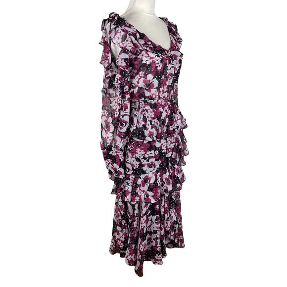 MISA Catriona Cold Shoulder Floral Midi Dress Ruffle Tiered Size Medium - Picture 2 of 10